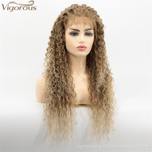 Vigorous Cheap Lace Frontal Synthetic Kinky Curly Wigs for White Women Long Ombre Brown To Blonde Wig Heat Resistant Fiber